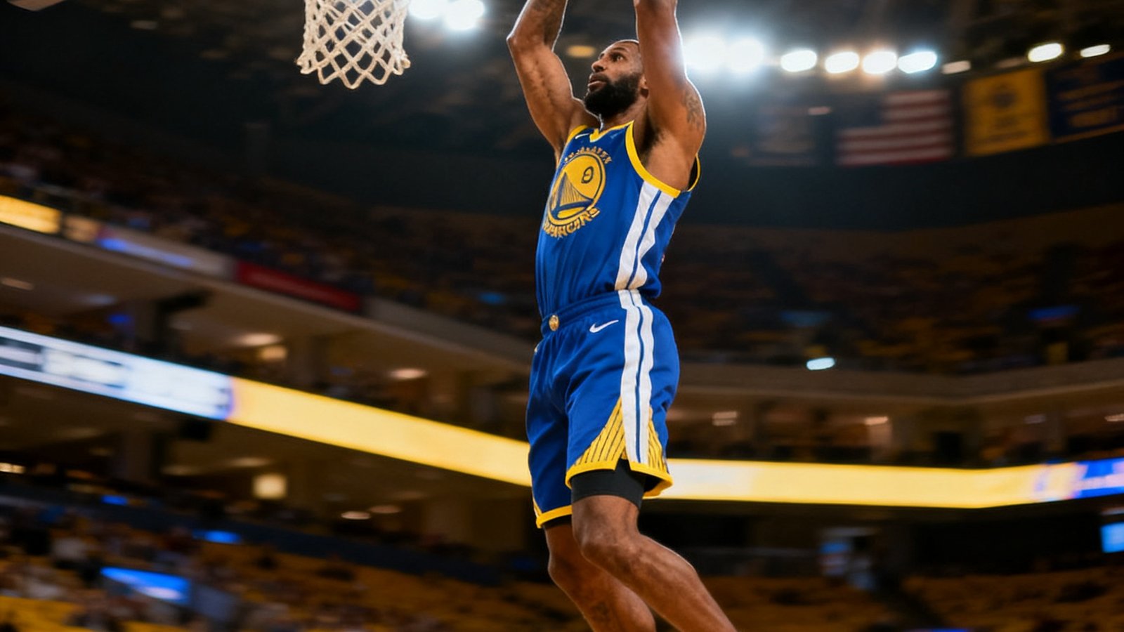 NBA篮球赛直播中球员飞身扣篮的精彩瞬间，球馆灯光璀璨